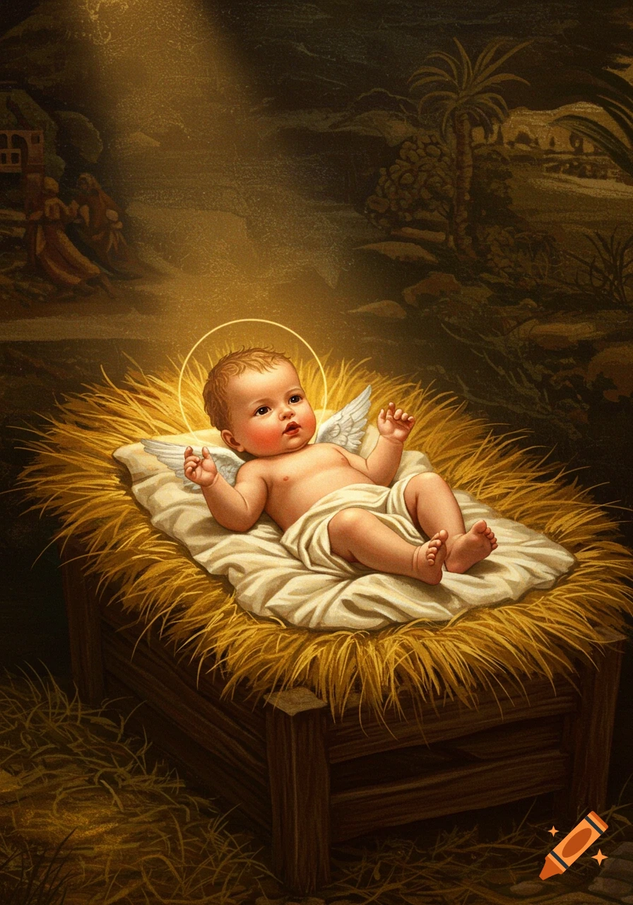 Renaissance painting of a newborn baby with a halo and small wings, lying in a straw-filled wooden manger, bathed in golden light.