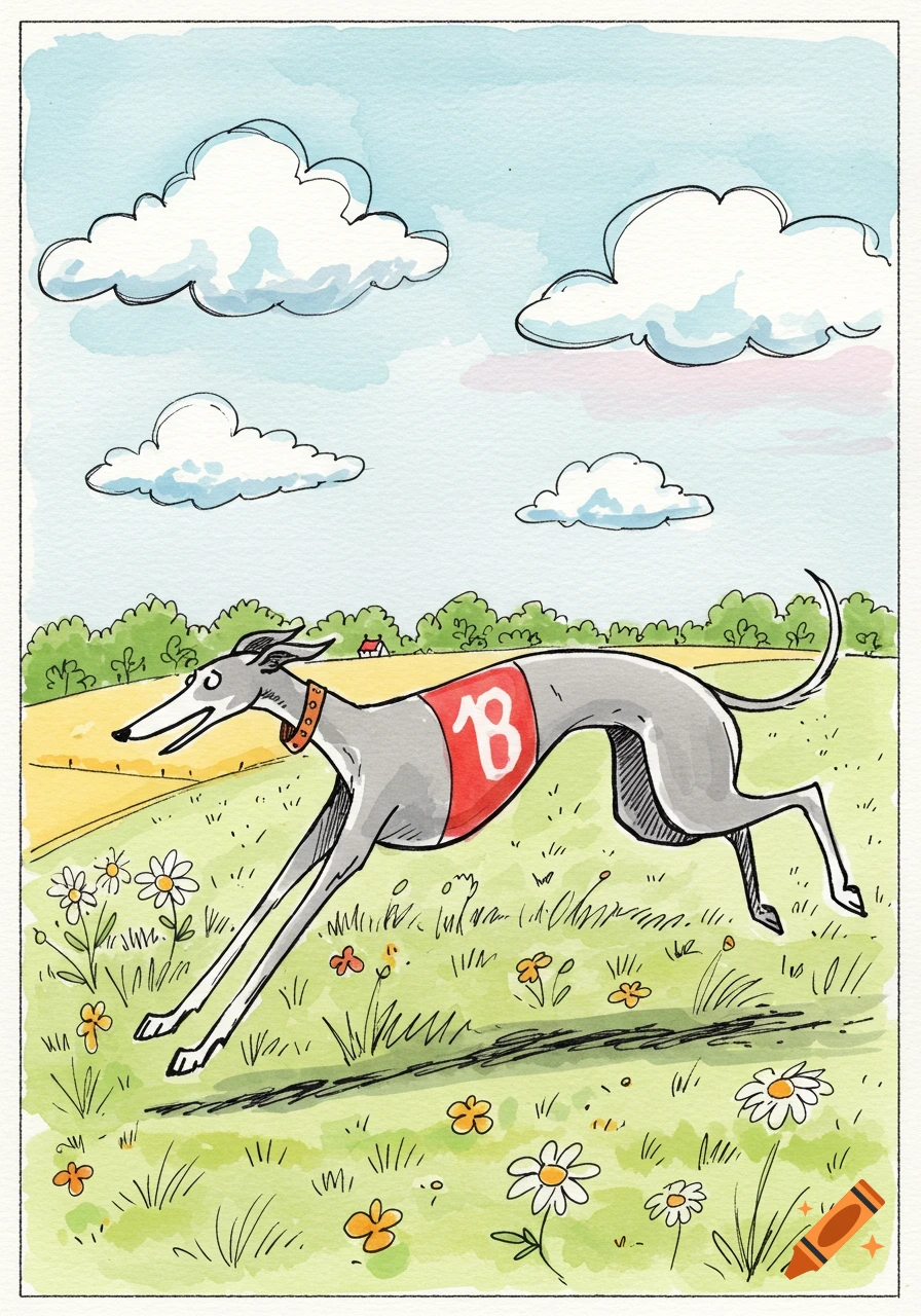 A greyhound in a red vest with '18' runs through a green field with flowers, under a blue sky with clouds, in a watercolor illustration style.
