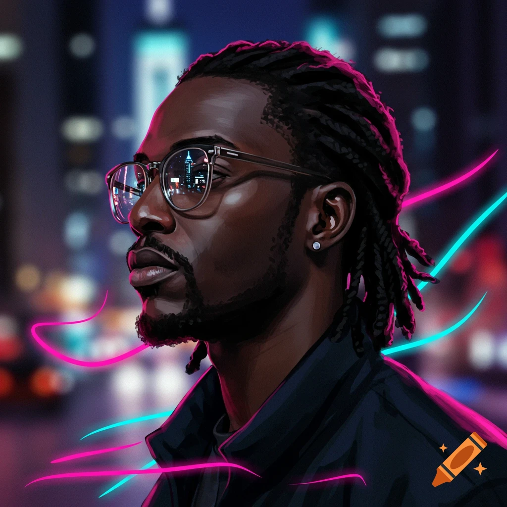 Digital art portrait of a Black man with box braids and glasses, reflecting a neon-lit city at night.