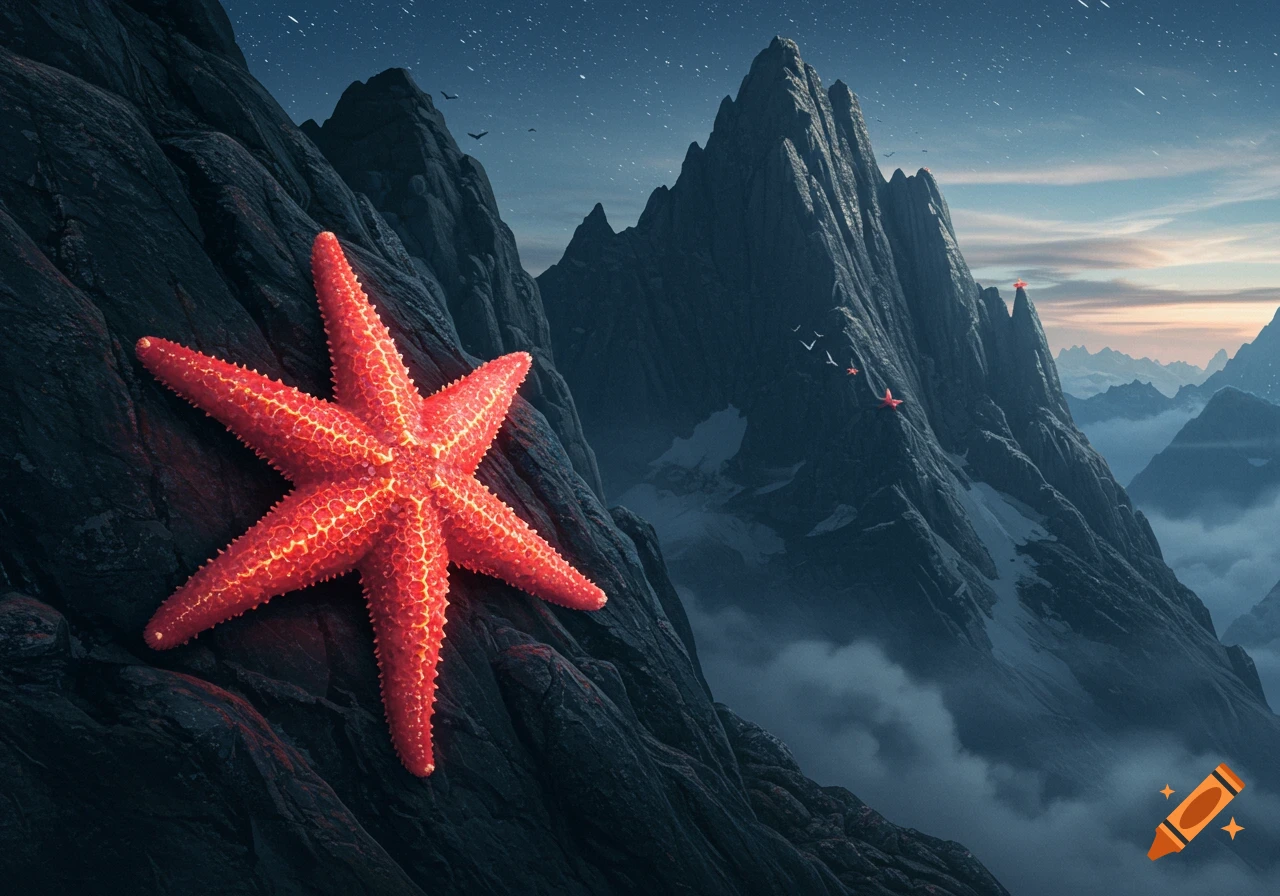 A large red starfish with glowing patterns grips a dark, rugged mountain face under a starry, cloudy night sky, with misty mountains in the distance.