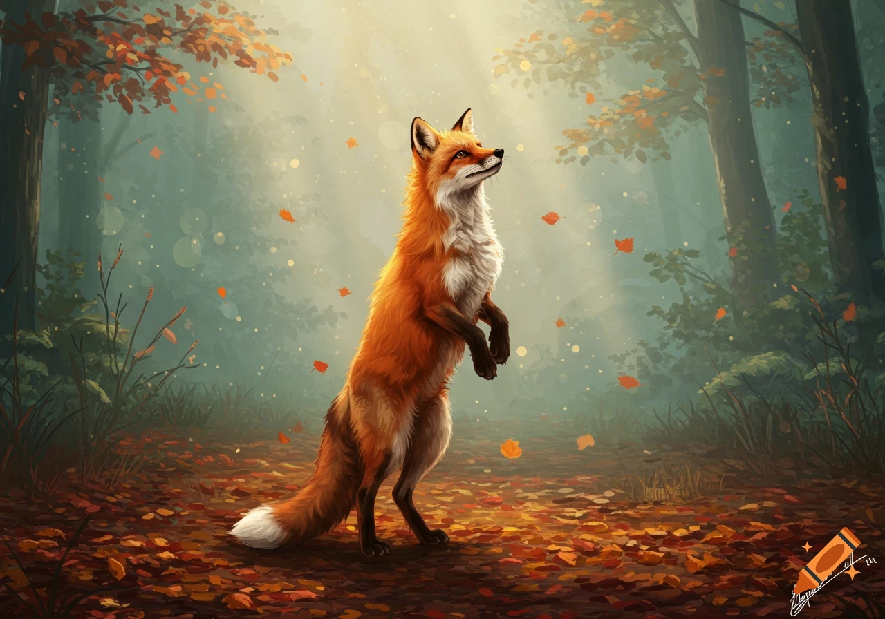 An illustration of an orange and white fox standing on its hind legs in an autumn forest, looking upwards as golden light filters through the trees.
