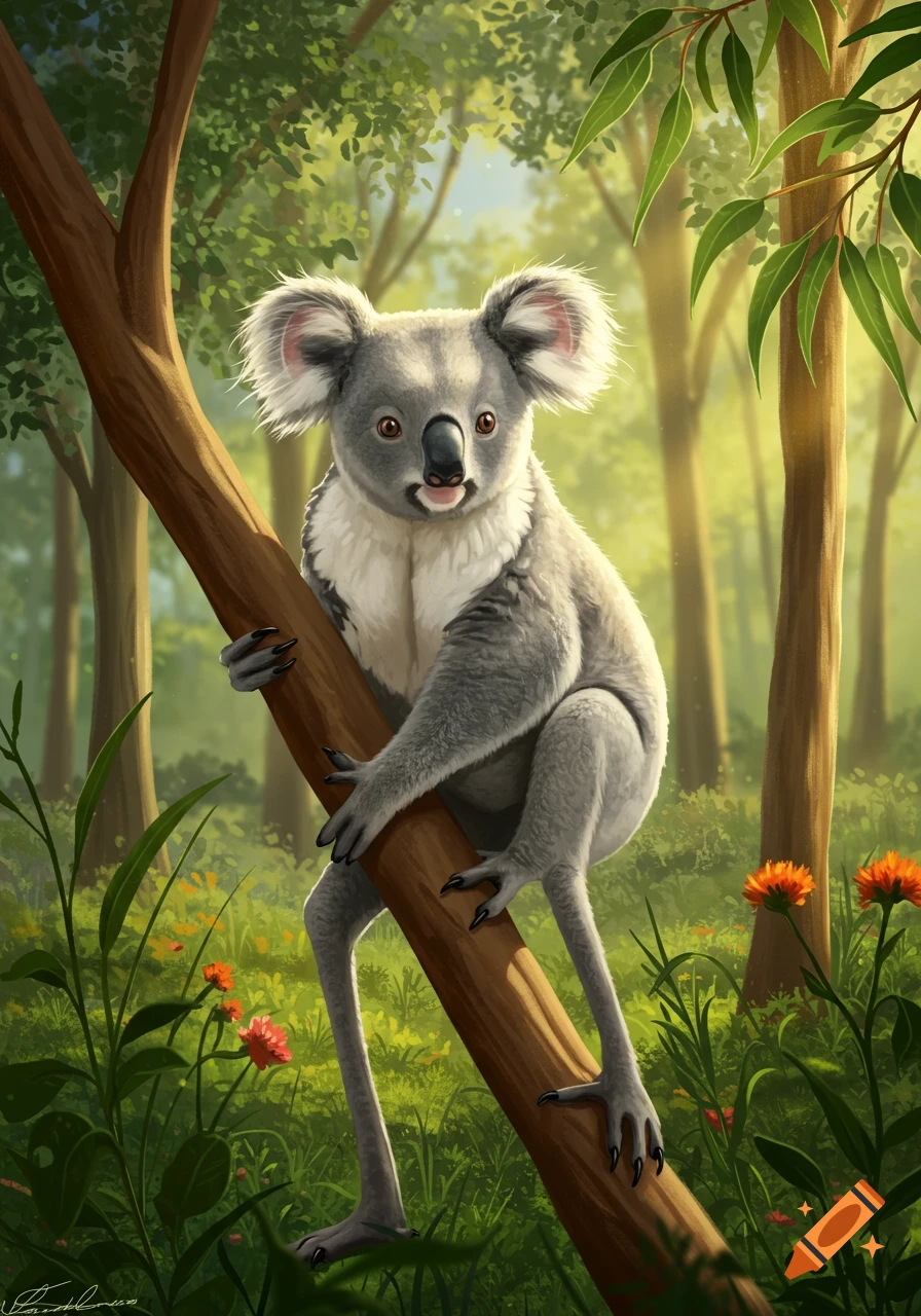 An illustration of a koala with long legs clinging to a tree trunk in a sunlit green forest.