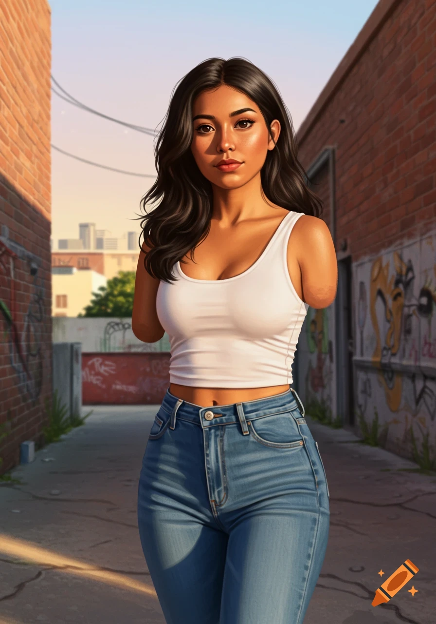 Stylized illustration of a brunette Latina woman with a missing right arm, wearing a white tank top and blue jeans in an urban alley.