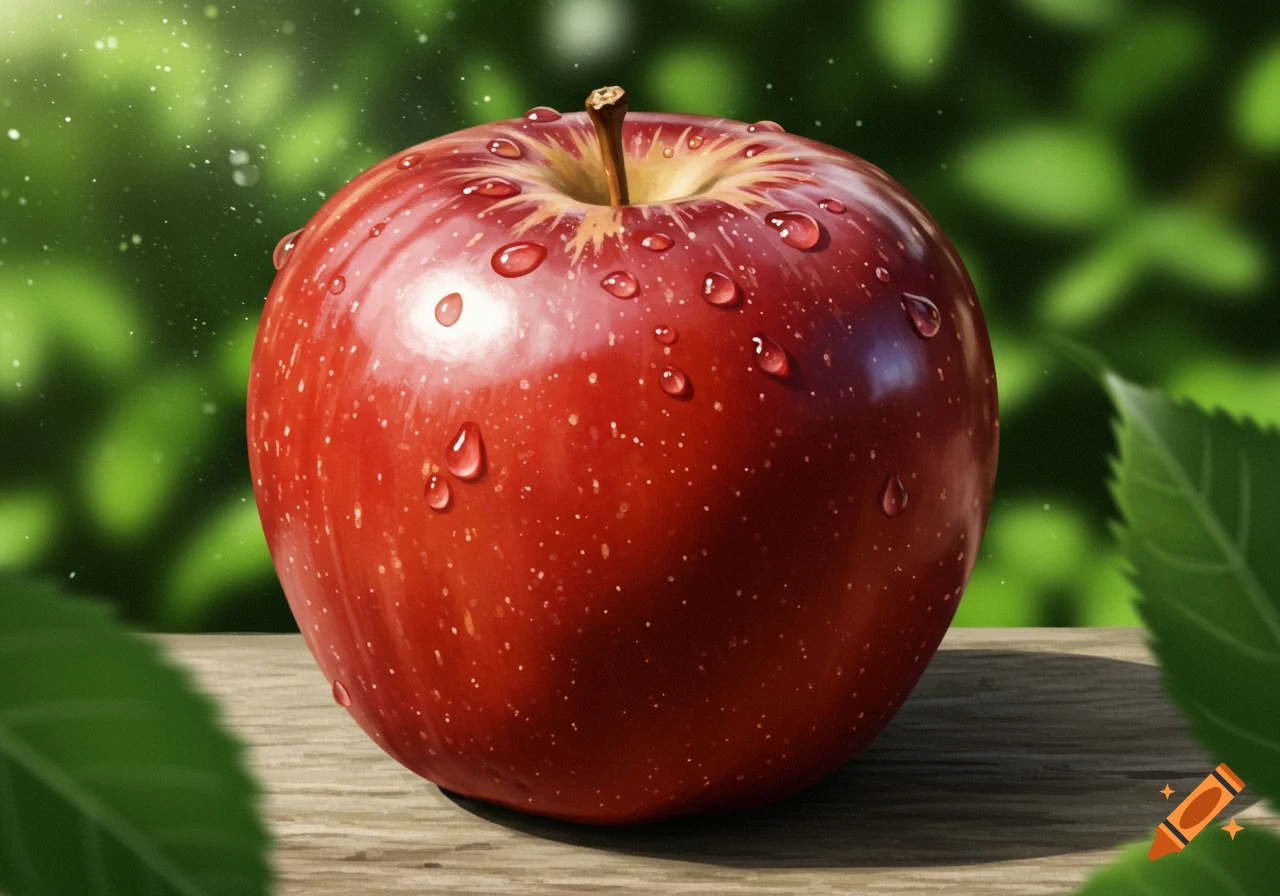 A photorealistic red apple covered in water droplets sits on a wooden surface, with a blurred green leafy background.