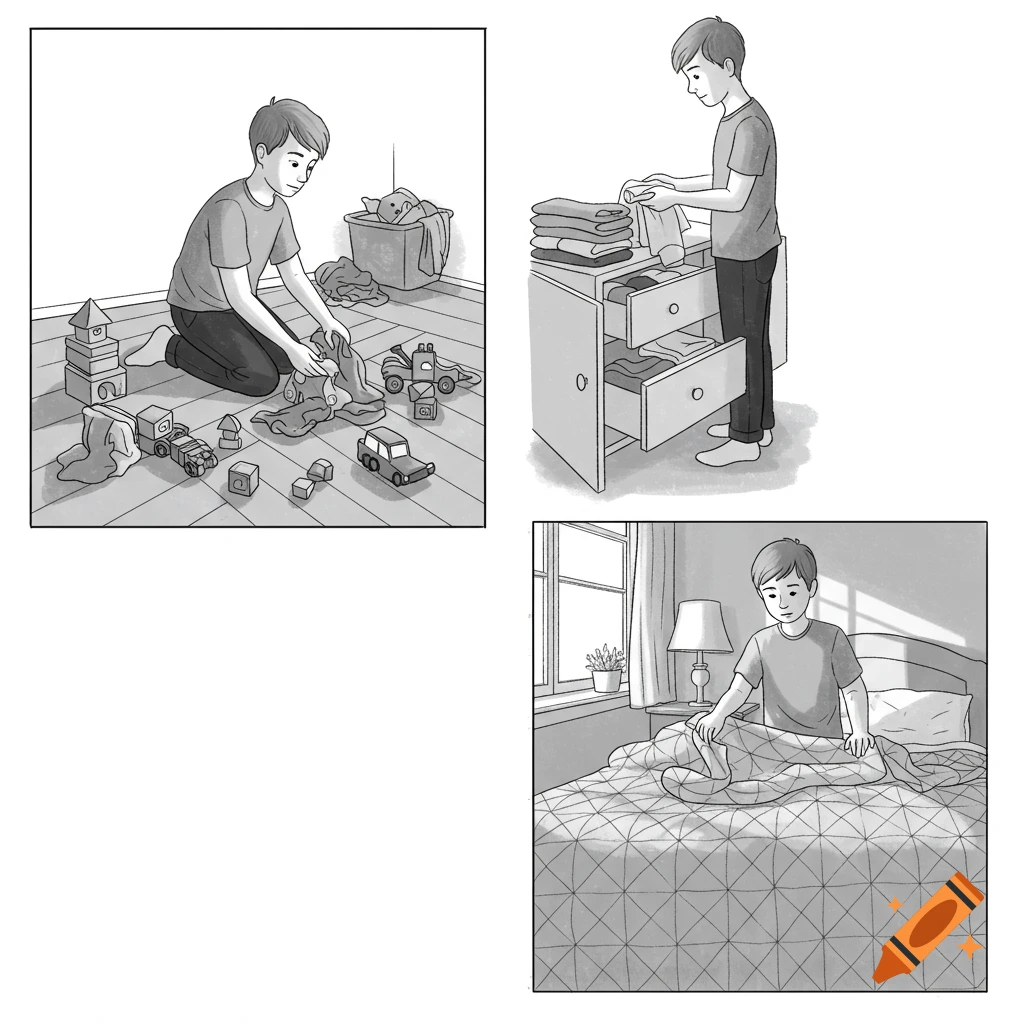 Black and white illustration of a boy in three panels: picking up toys, folding clothes, and making his bed.