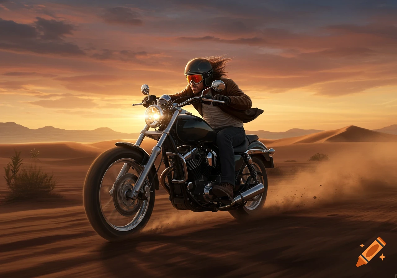 A person on a black motorcycle rides across a desert landscape at sunset, kicking up dust.