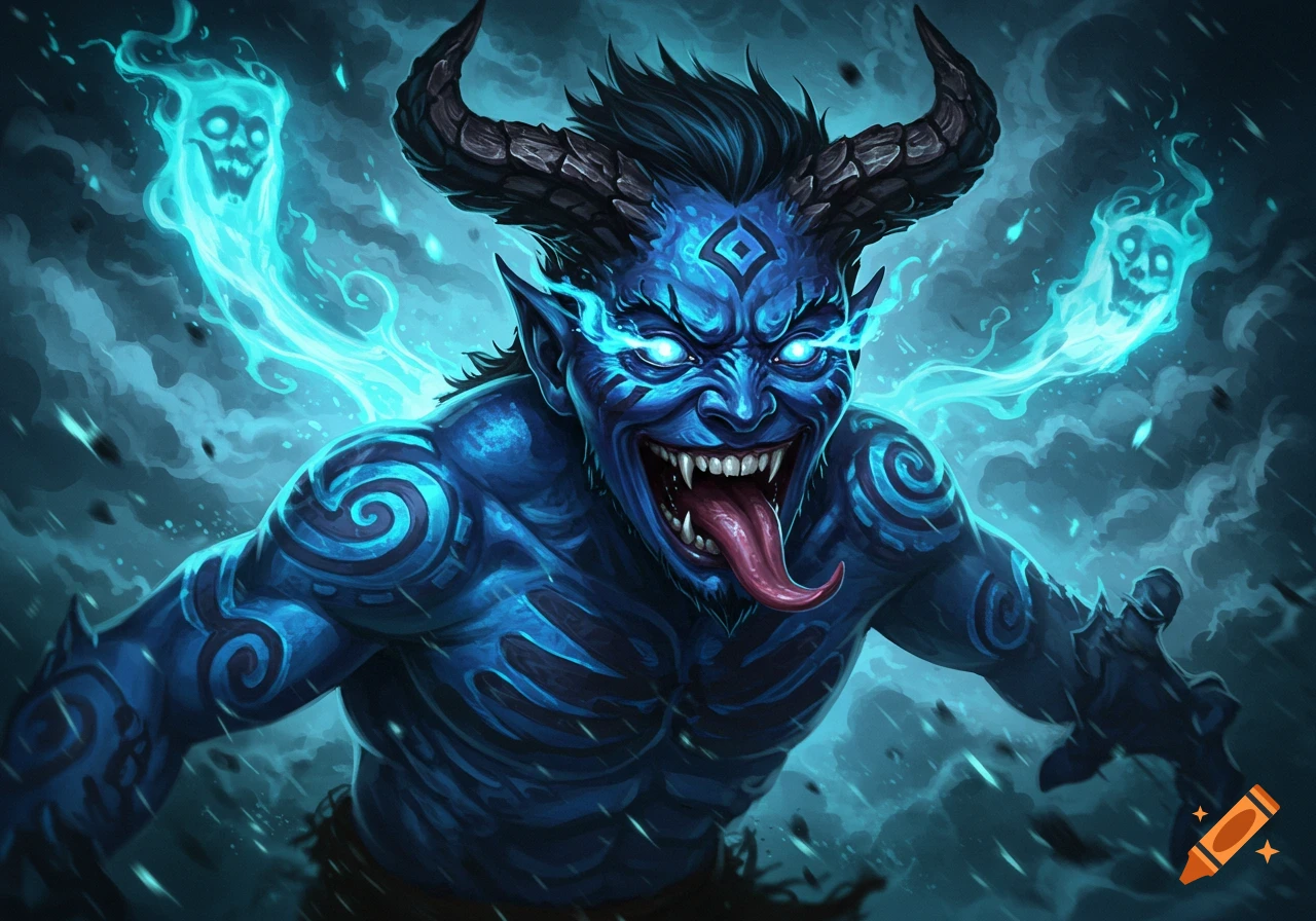 A vibrant blue-skinned demon with horns, glowing eyes, fangs, and a long tongue, surrounded by spectral blue energy.