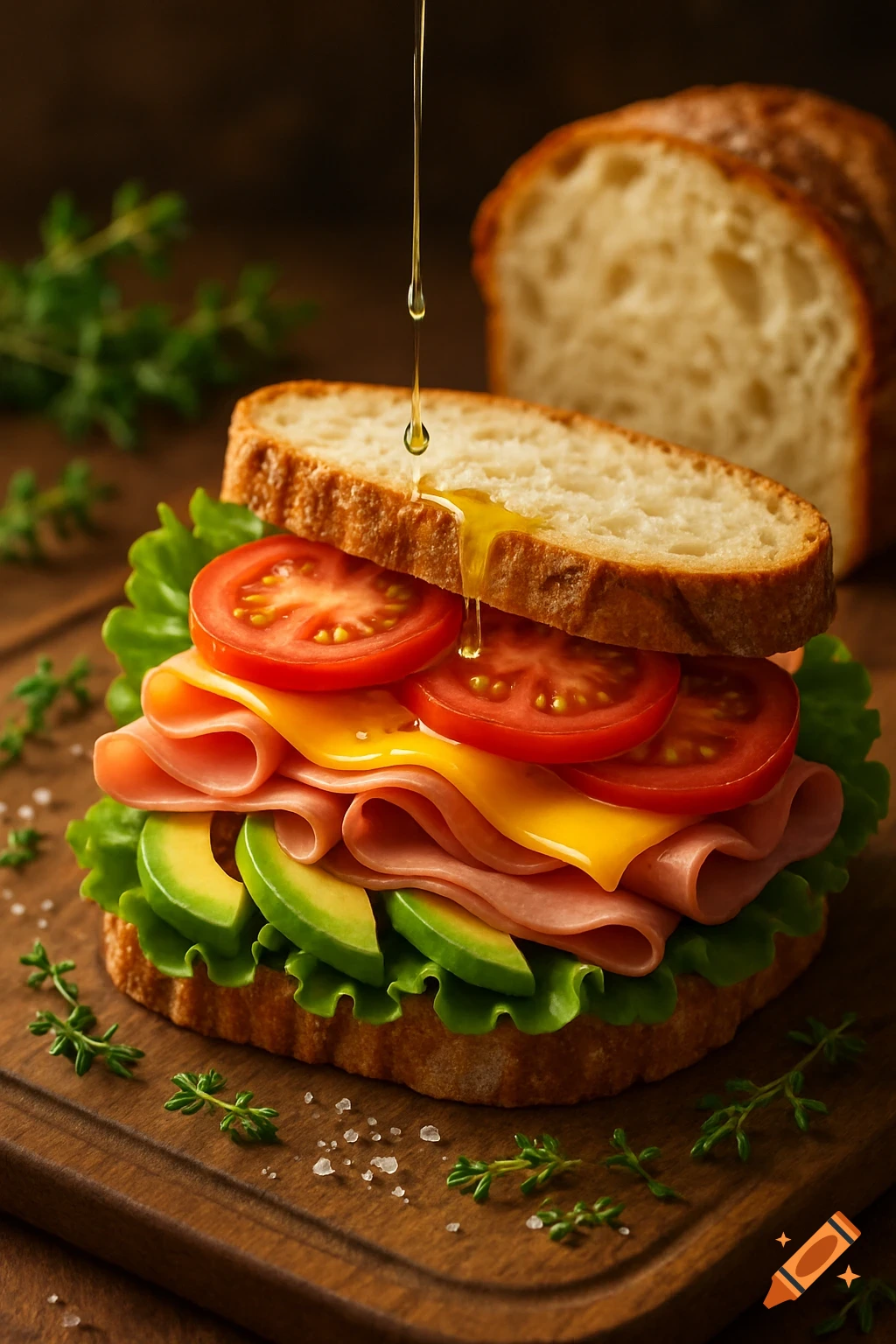 A gourmet open-faced sandwich with ham, cheese, avocado, tomatoes, and lettuce, with olive oil drizzling on top, on a wooden cutting board.