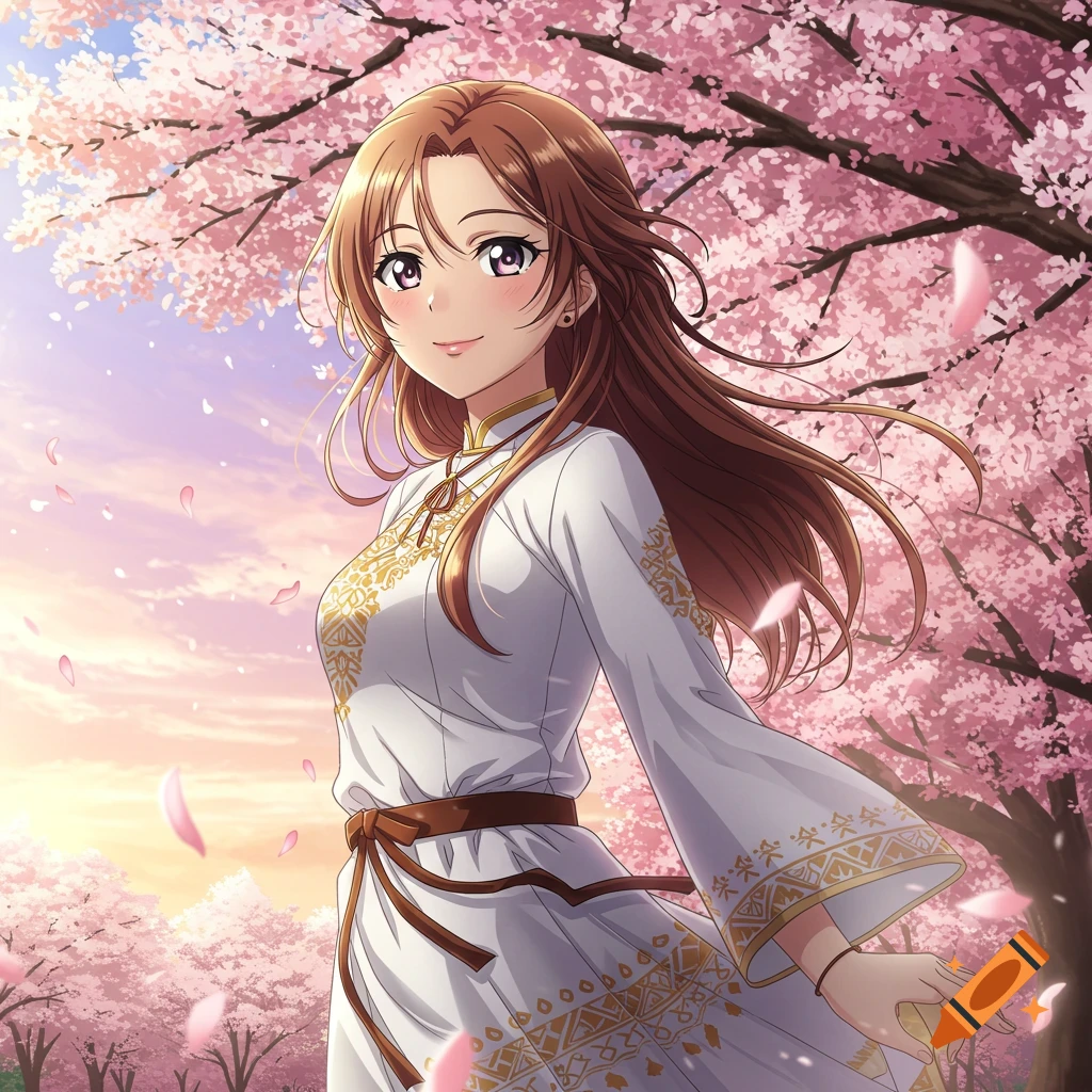 An anime woman in a white dress with gold patterns smiles under pink cherry blossoms with petals falling.