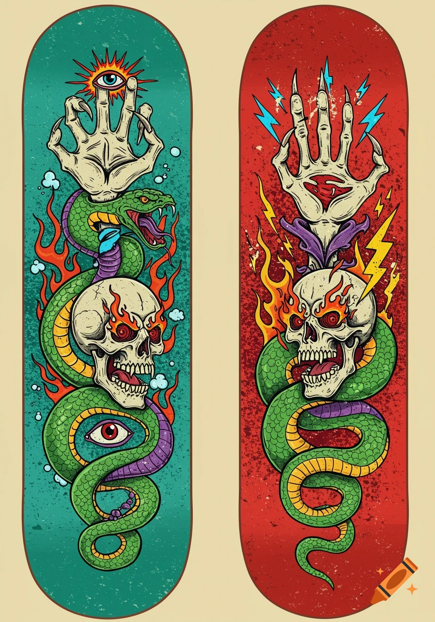 Two skateboard decks with vibrant punk art featuring skulls, snakes, mystic eyes, hands, flames, and lightning.