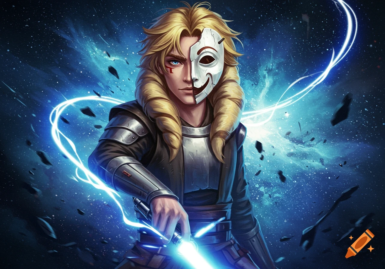 Anime-style blonde male warrior with a half-broken mask, blue eye, and scar, holding a glowing blue lightsaber in space.
