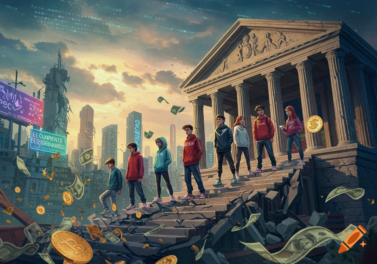 Young people in hoodies walk up crumbling steps towards a classical bank, with money and bitcoins falling around a modern, futuristic city.