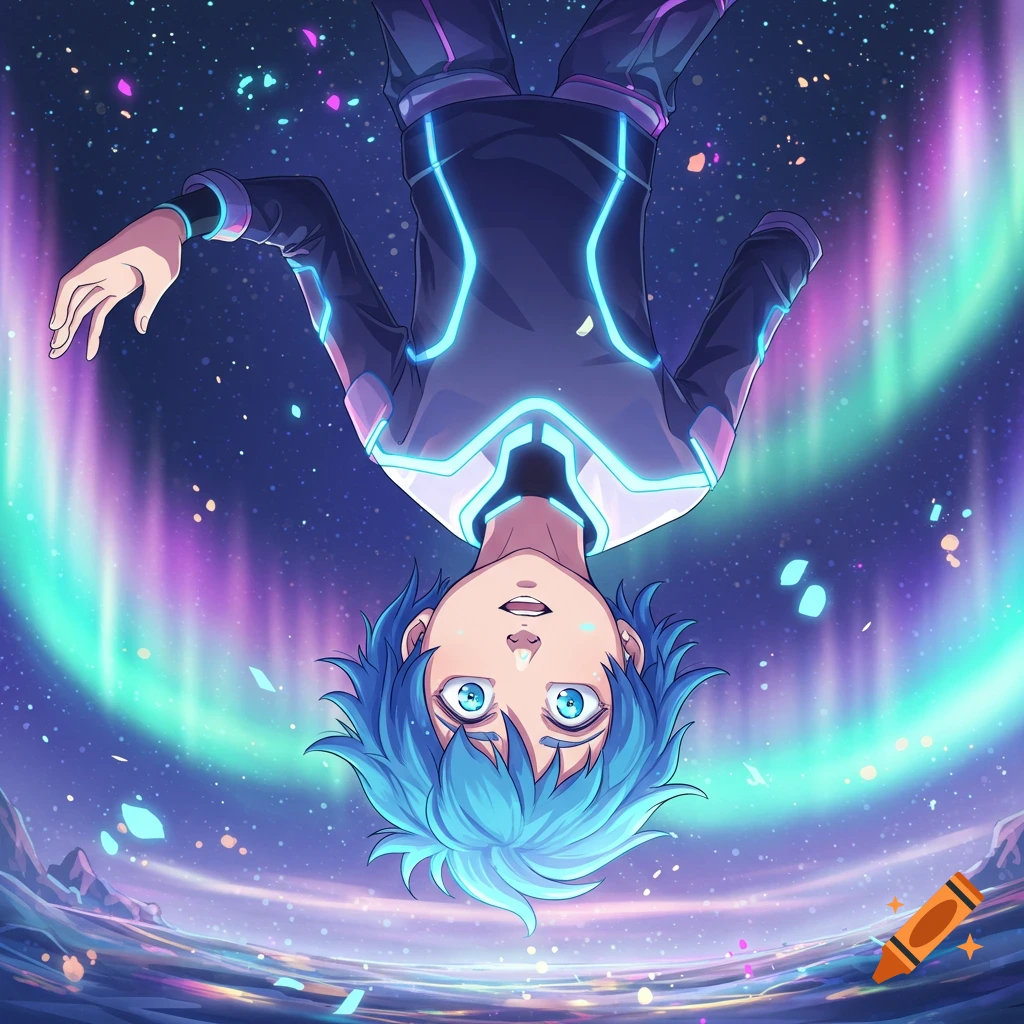 Anime boy with blue hair and glowing eyes floats upside down in a starry space with vibrant auroras.