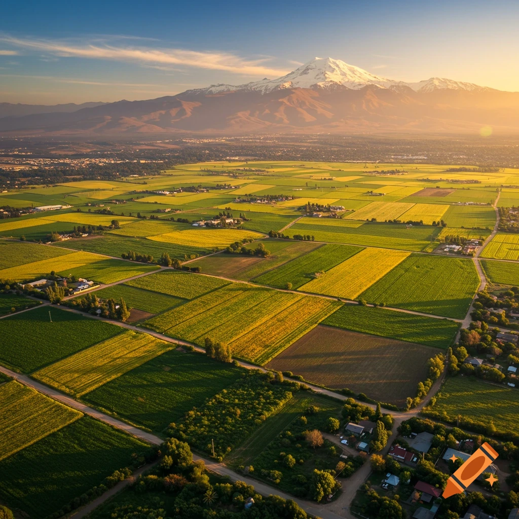 Aerial view of sprawling green and yellow agricultural fields with scattered houses, leading to a snow-capped mountain range under a golden sky at sunset.