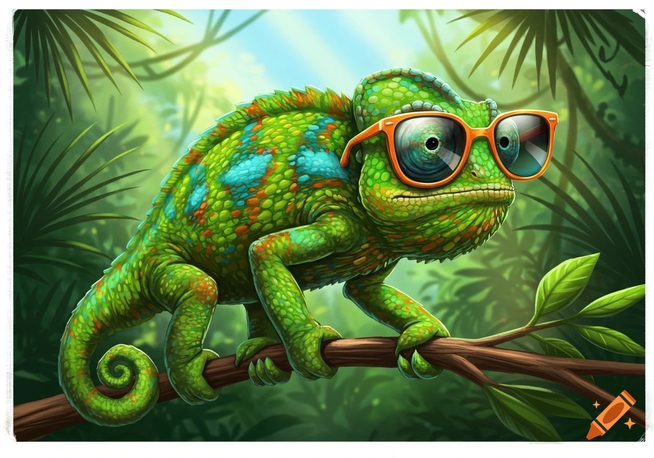 A vibrant green and blue cartoon chameleon with orange sunglasses sits on a jungle branch amidst lush foliage.
