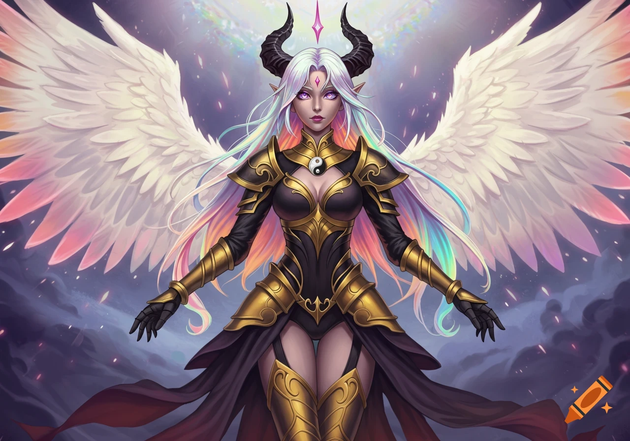 An anime woman with long rainbow hair, rainbow eyes, black demon horns, and large white angel wings. She wears black and gold guardian armor with a yin-yang pendant, standing against a mystical background.