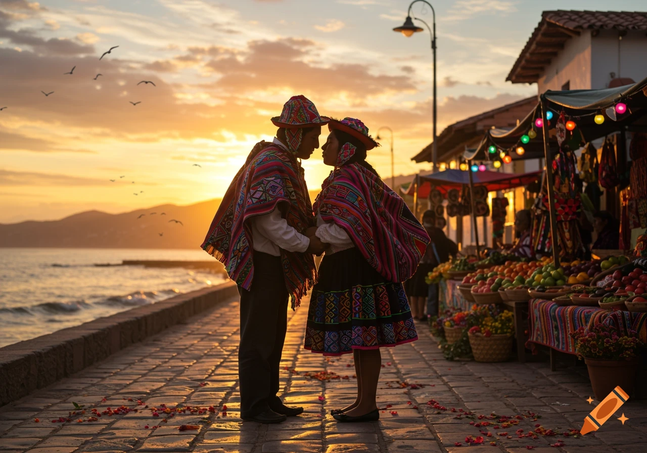 A couple in traditional Peruvian clothing hold hands on a cobblestone path by the water at sunset, with market stalls and scattered petals.