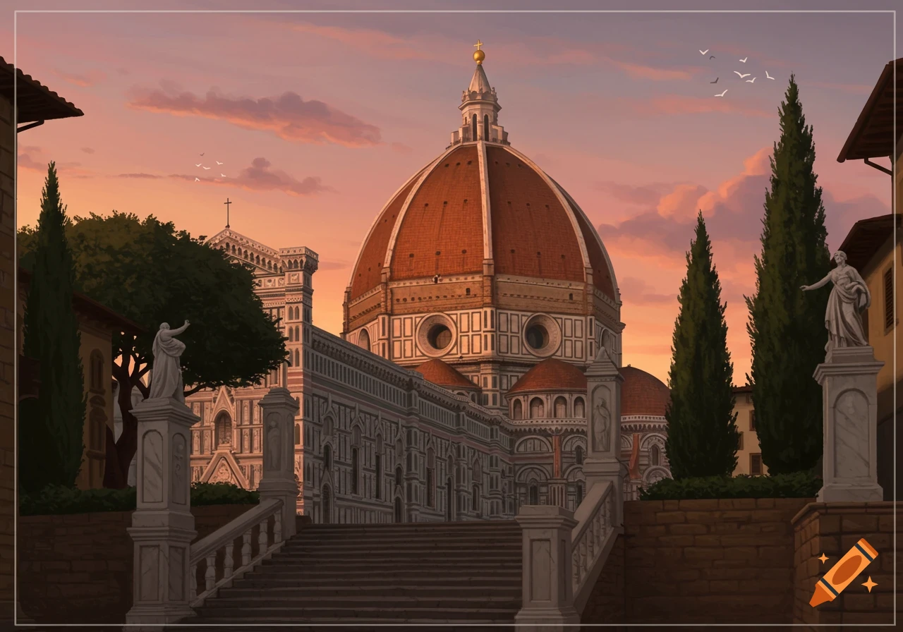 An illustration of the Florence Duomo at sunset, featuring its iconic red dome, ornate facade, statues, and grand stairs.