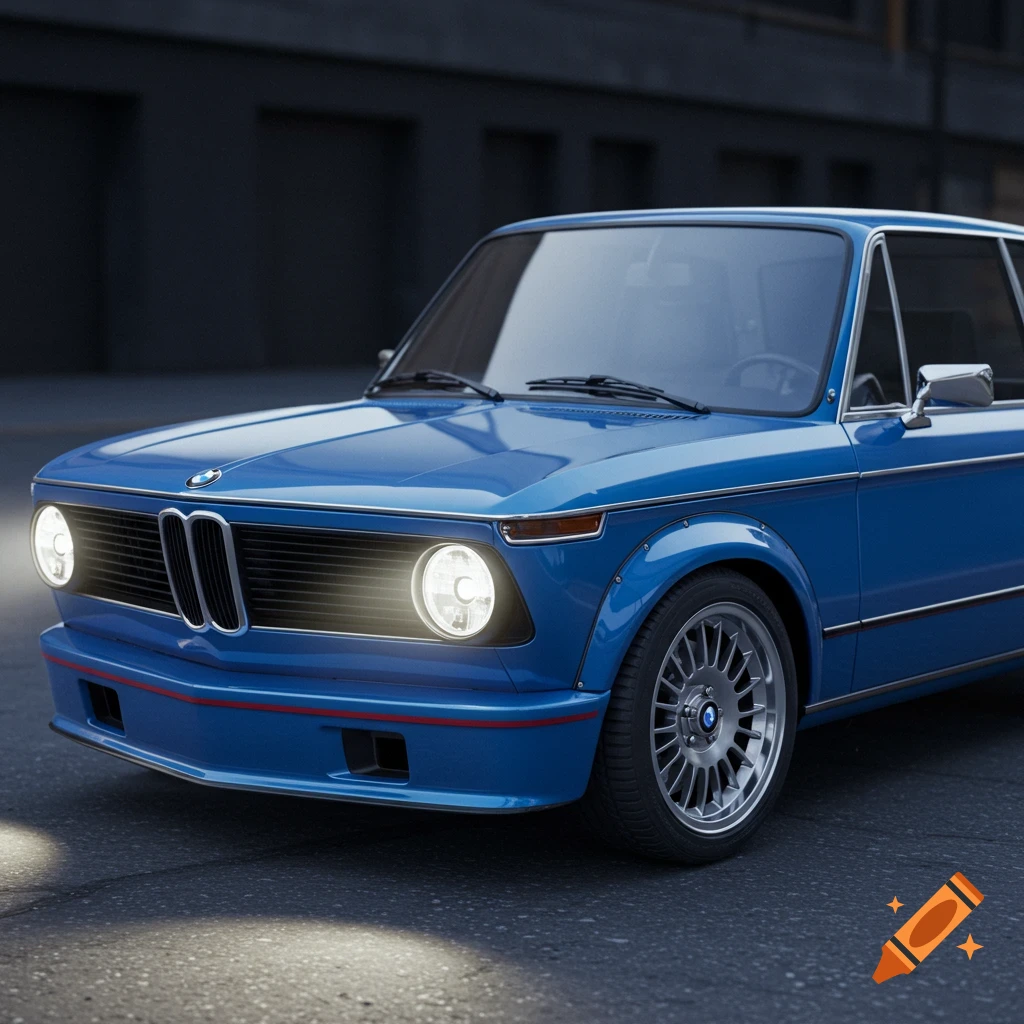 Close-up of a blue, modernized classic BMW 2002 Turbo with bright LED headlights and custom wheels on asphalt.