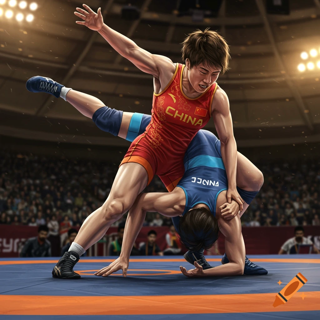 A female Chinese wrestler in a red singlet holds an opponent in a blue singlet in a wrestling match on a mat in a stadium, digital art.