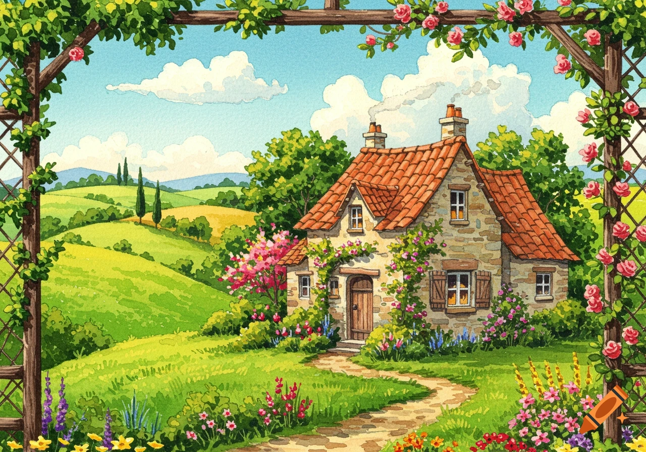 A charming watercolor painting of a stone cottage surrounded by a vibrant green landscape, rolling hills, trees, and colorful flowers under a blue sky.