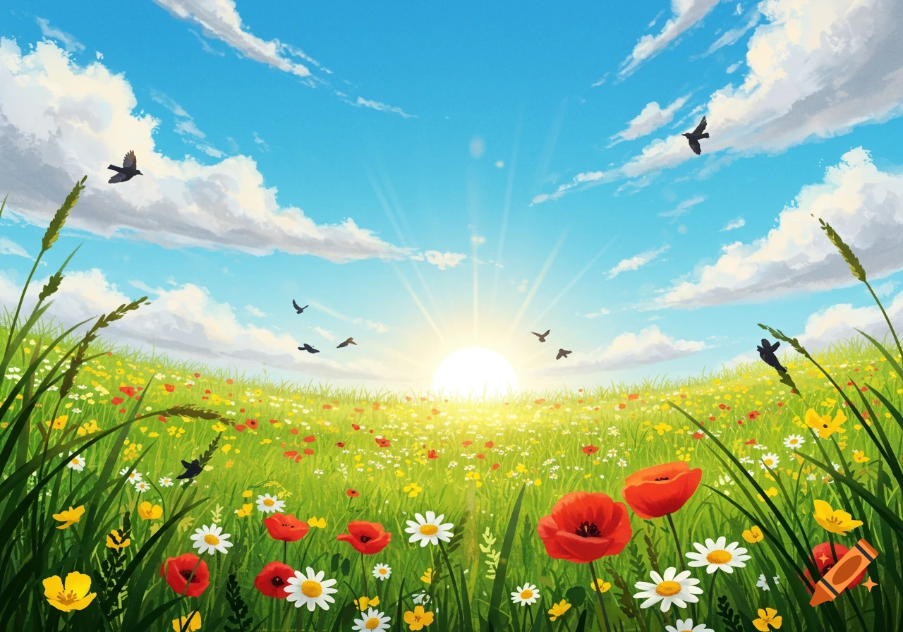 An illustrative painting of a sunny meadow filled with red poppies, white daisies, and yellow flowers under a bright blue sky with white clouds and flying birds.