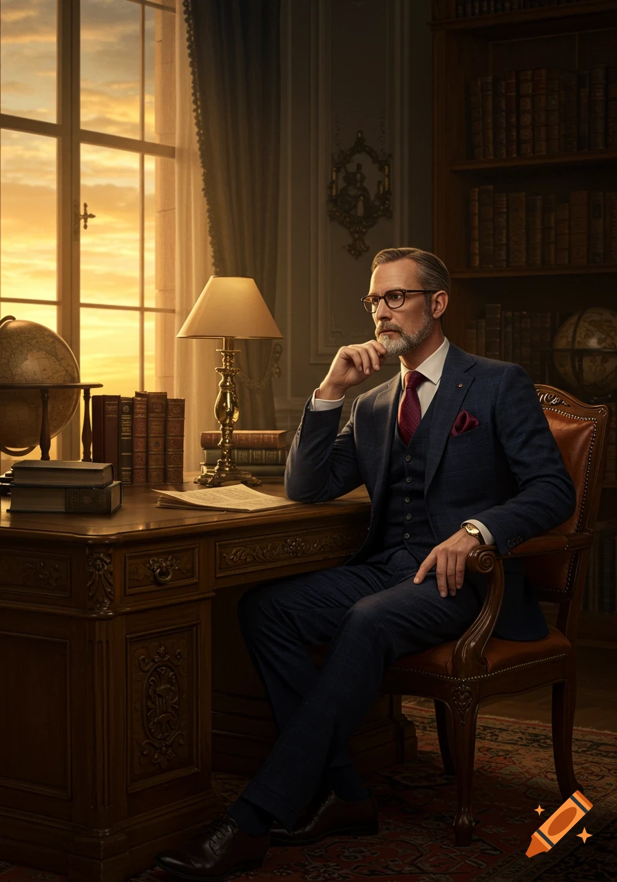 A distinguished man in a blue suit sits at a wooden desk in a richly decorated study, sunlight streaming through a large window.