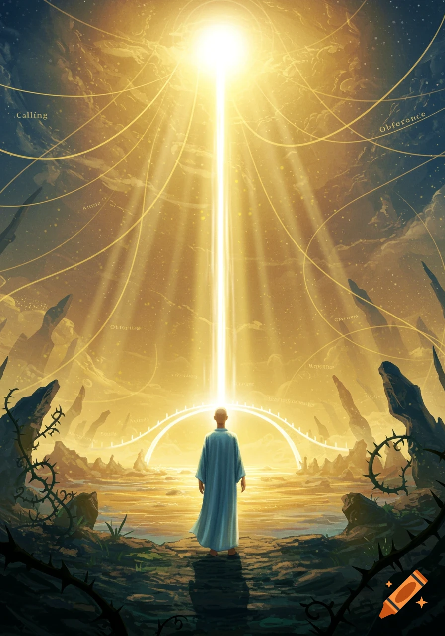 A lone figure in blue robes stands on dark ground, facing a brilliant golden light beam descending from a vibrant, ethereal sky filled with glowing lines and distant rock formations.