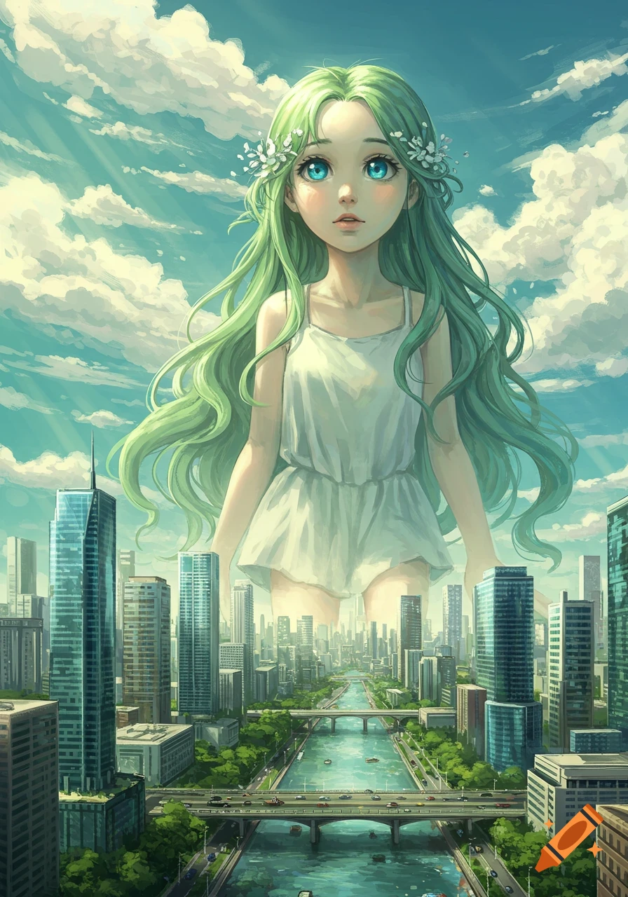 A giant anime girl with long green hair and blue eyes, wearing a white romper, stands over a modern cityscape with a river.