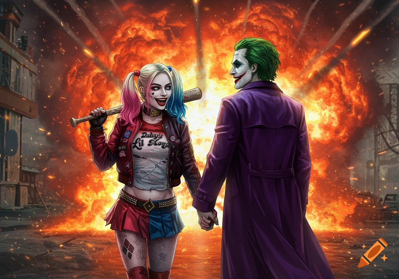 Harley Quinn and Joker, holding hands, walk away from a large explosion in the background, in a comic book art style.