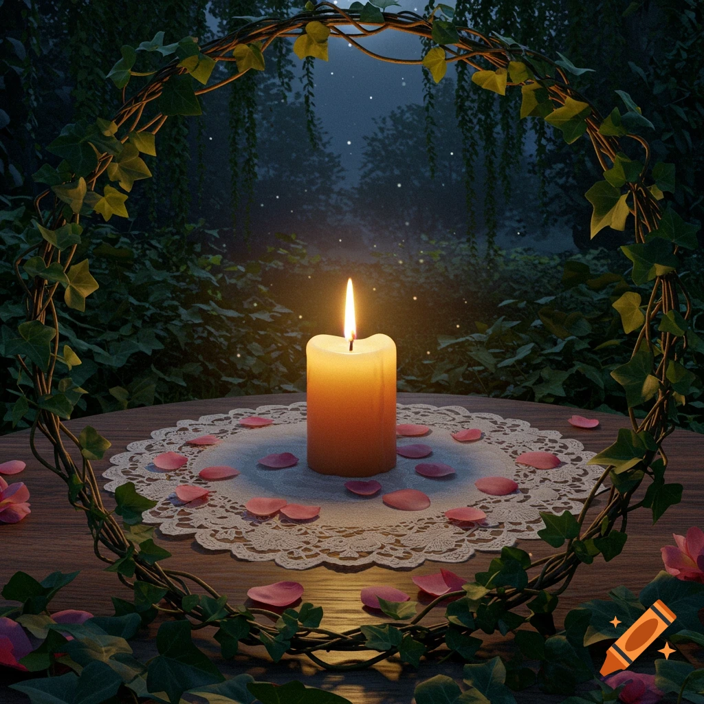 A lit candle on a doily with rose petals, framed by an ivy wreath on a wooden table, with a dark, mystical forest background.
