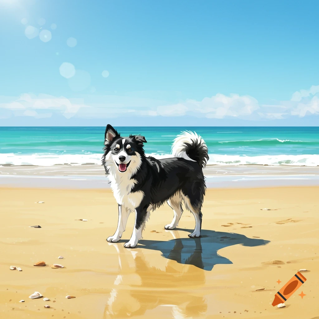 A happy black and white dog stands on a sandy beach with ocean waves and a blue sky, in a digital painting style.