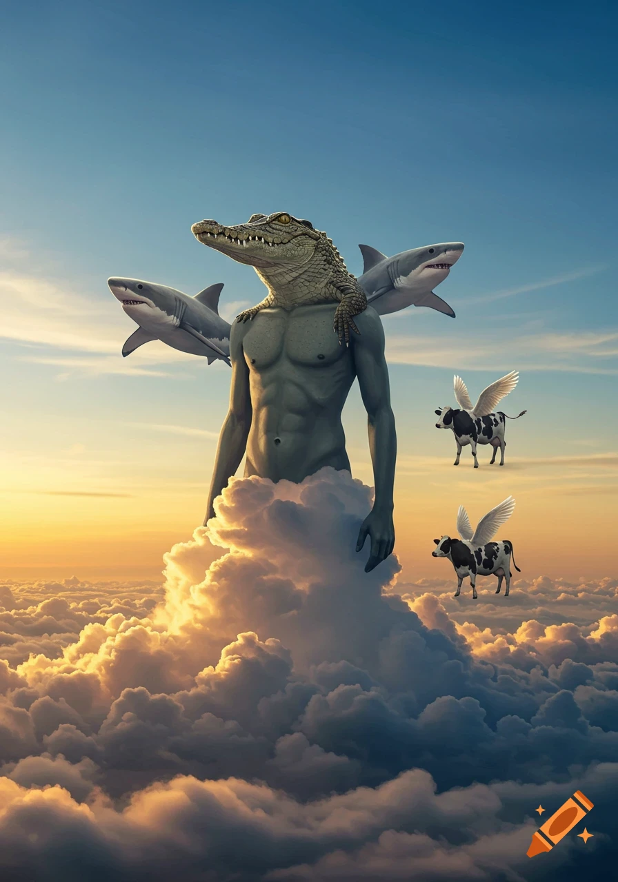 Muscular humanoid with a crocodile head and sharks on shoulders stands on clouds at sunset, two winged cows fly nearby. Photorealistic.