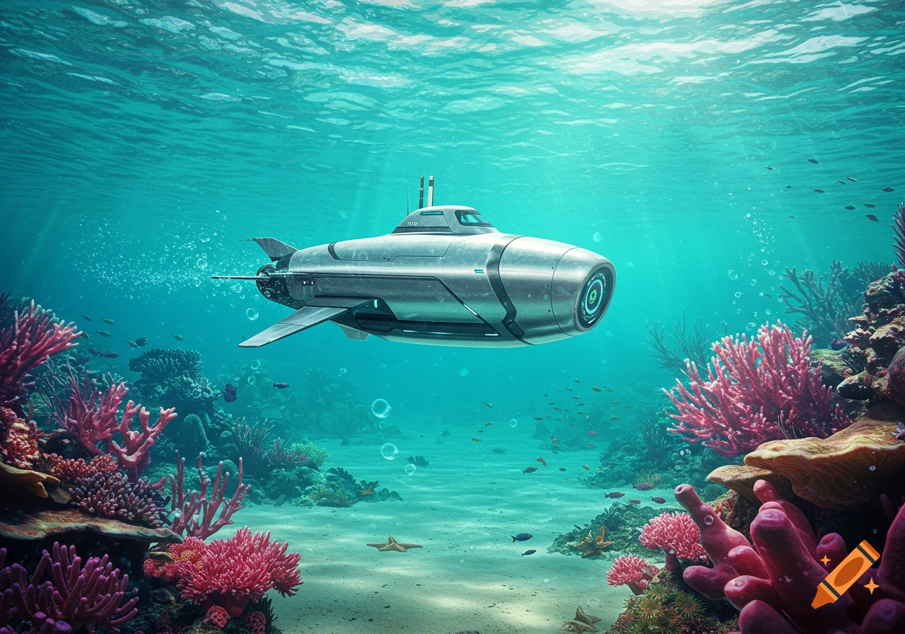 A sleek futuristic submarine robot swims over a vibrant coral reef in clear blue shallow water.