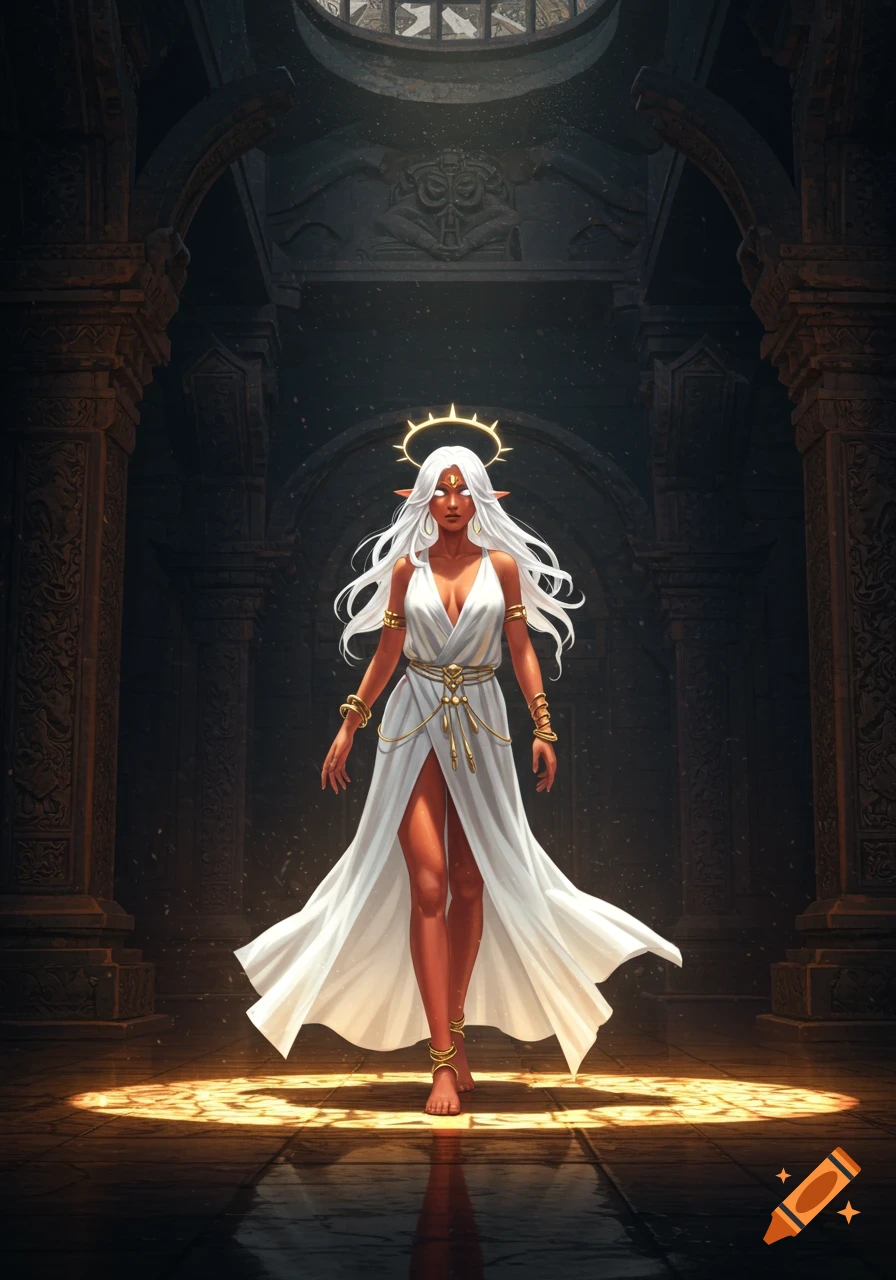 An anime goddess with white hair, glowing eyes, and a halo, in a white dress and golden accessories, stands in a dark ornate temple.