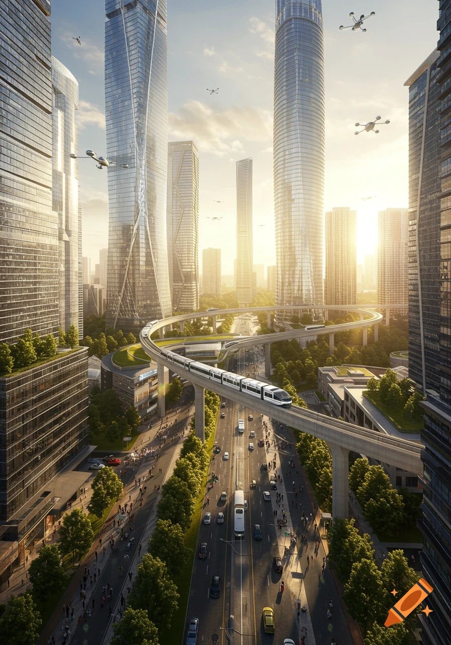 Photorealistic futuristic cityscape with towering skyscrapers, an elevated train, and drones flying over busy roads at sunset.