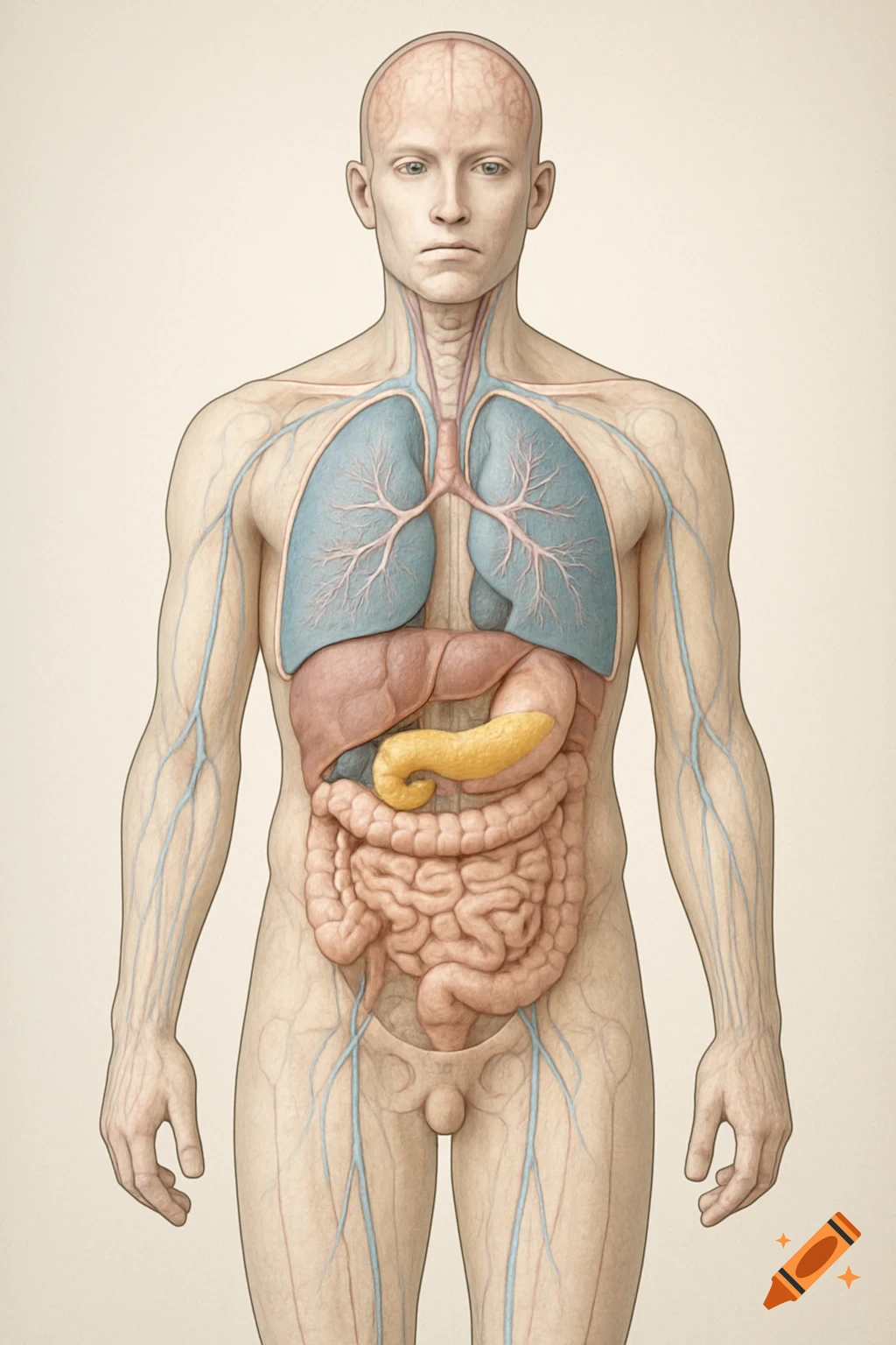 Anatomical illustration of a human body displaying internal organs including lungs, liver, pancreas, and intestines, with visible veins.