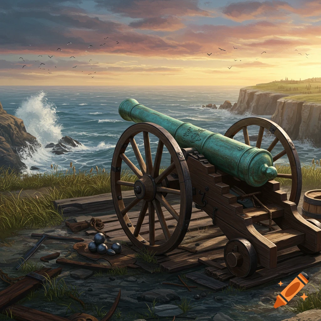 An old bronze cannon sits on a wooden platform overlooking a rocky coastline with crashing waves at sunset.