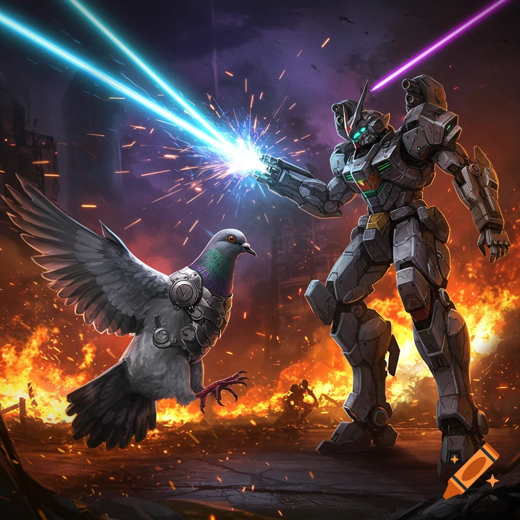 An armored pigeon battles a gray mech robot with lasers in a fiery, war-torn cityscape, dynamic lighting.