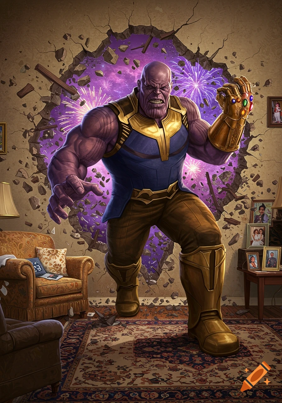 Thanos, a large purple character with the Infinity Gauntlet, bursts through a wall into an American living room, surrounded by debris and purple energy.