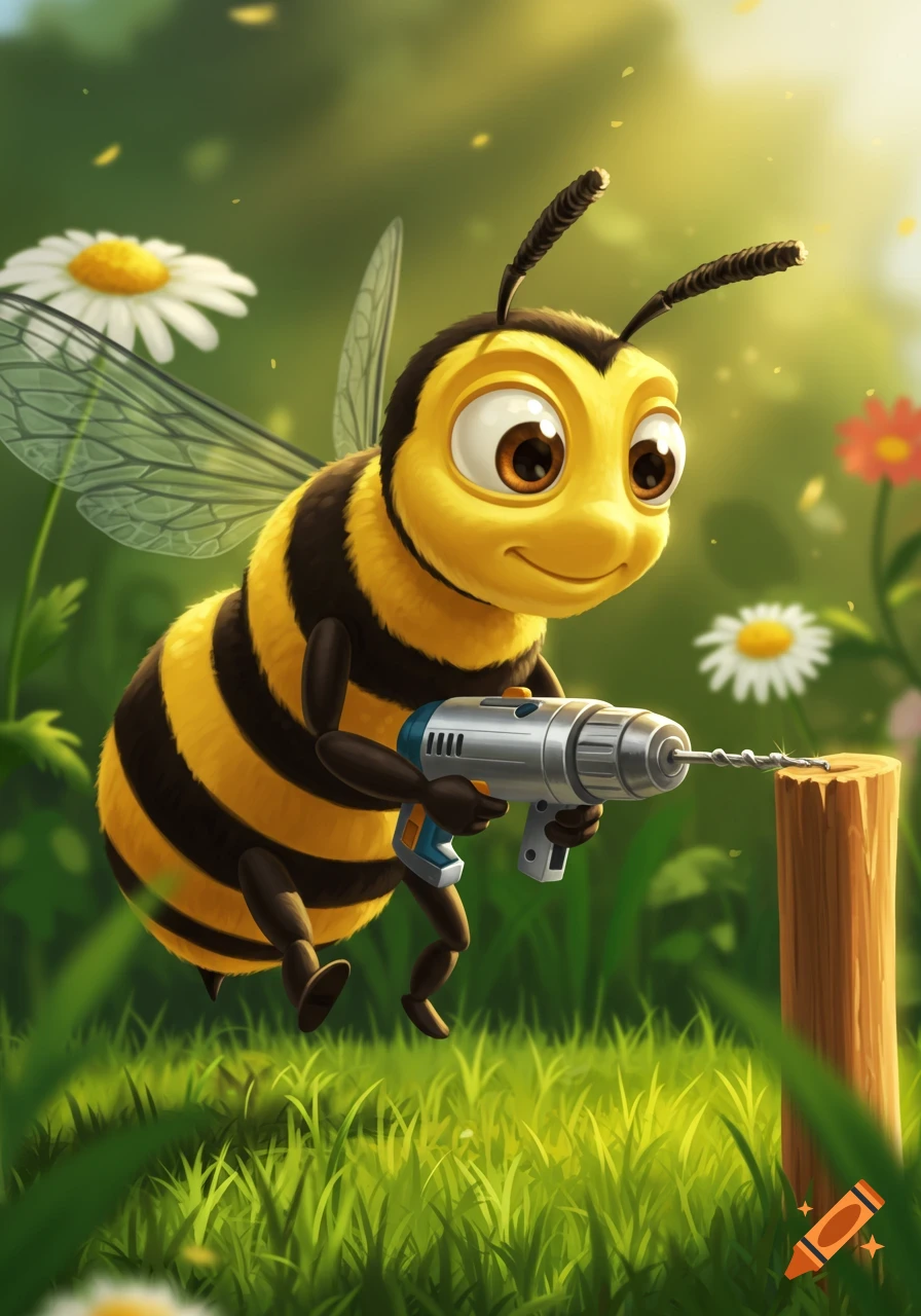 A friendly cartoon bee holds a power drill, appearing to drill into a wooden stump in a sunny, grassy field with daisies.
