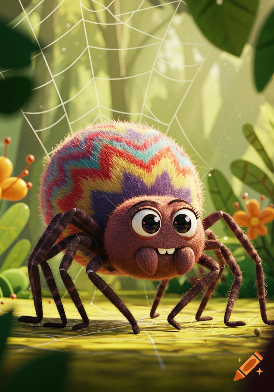 A fluffy, smiling cartoon spider with a rainbow-patterned abdomen and big eyes, set in a lush green jungle with a faint spiderweb.