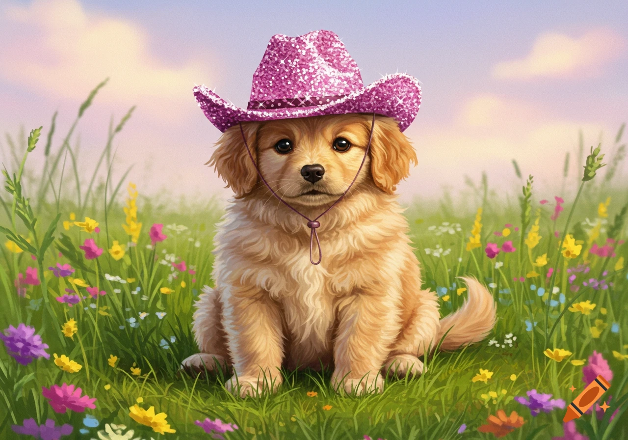 A cute golden retriever puppy wearing a pink sparkly cowboy hat sits in a field of colorful wildflowers.