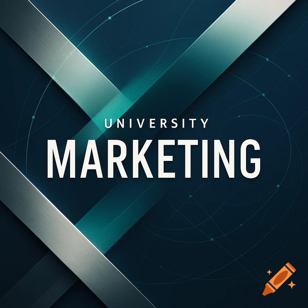 Dark blue abstract background with white text 'UNIVERSITY MARKETING' and metallic diagonal stripes.