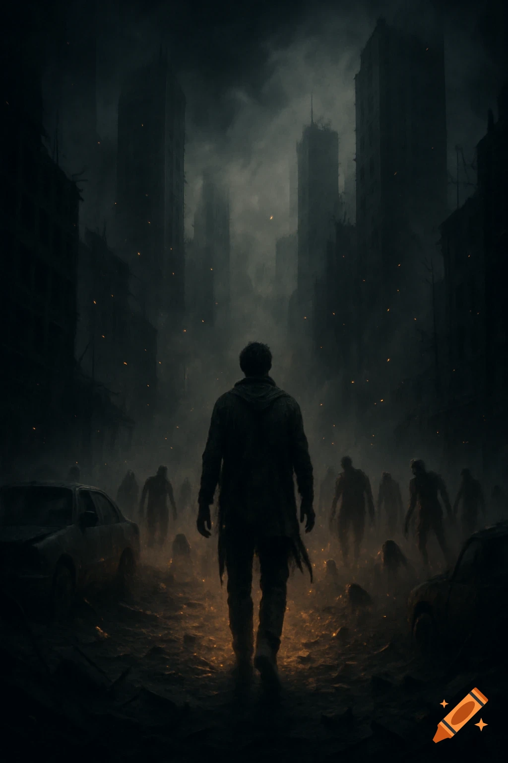A lone figure walks through a dark, foggy, ruined city street toward silhouetted zombie-like figures, in an apocalyptic cinematic style.