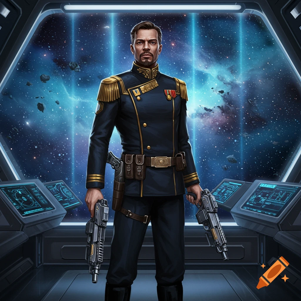 A determined space captain in a decorated uniform holds two futuristic pistols in a spaceship cockpit overlooking a starry nebula.