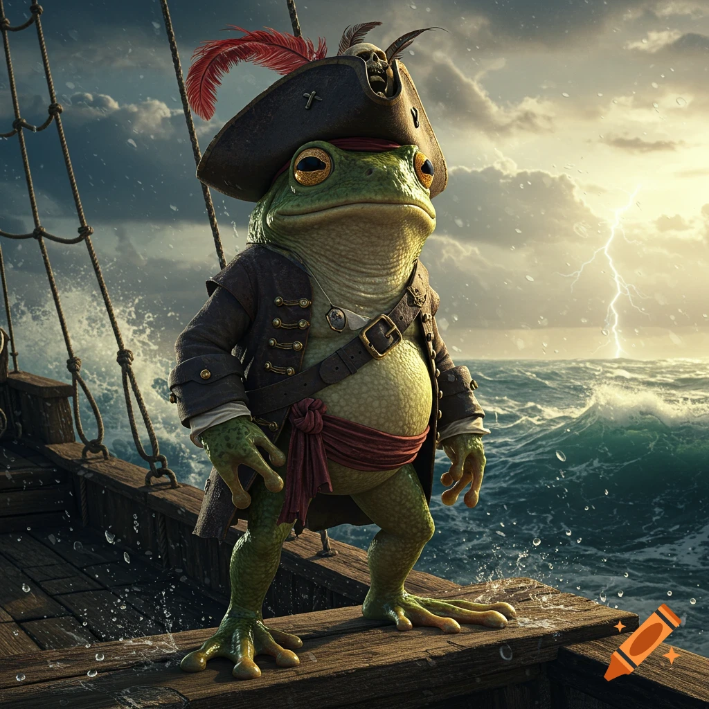 A photorealistic frog dressed as a pirate stands on a ship's deck, looking out at a stormy ocean with lightning.