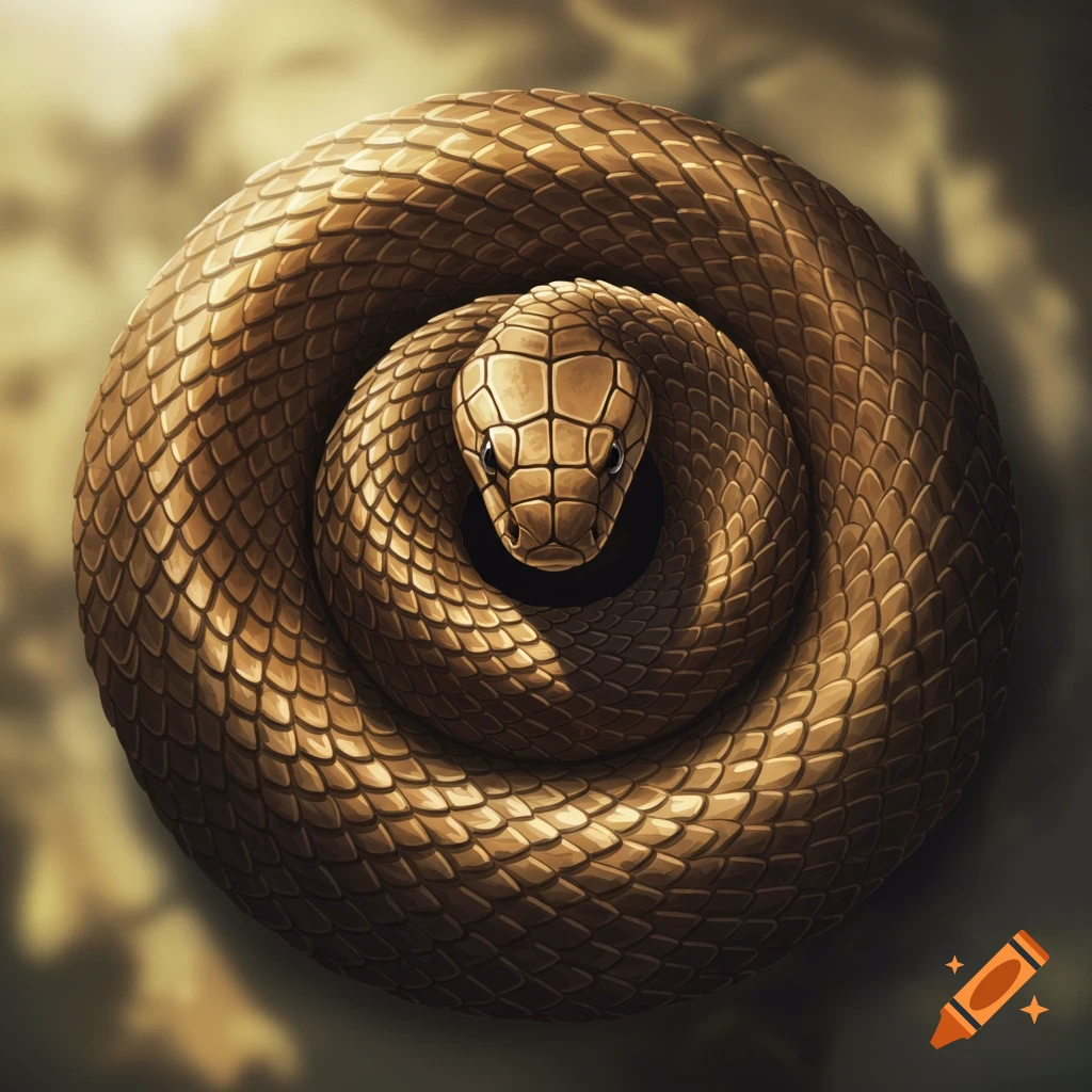 A golden-brown snake, likely a cobra, coiled in a perfect circle with its head centered, viewed from directly above.