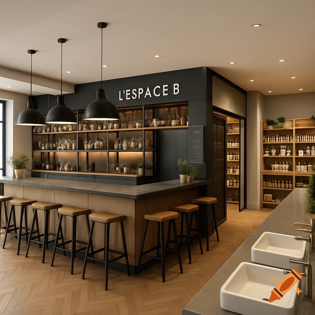 A modern interior design of L'Espace B, a bar and retail space with a wooden counter, black stools, industrial lights, shelves of bottles, and white sinks.