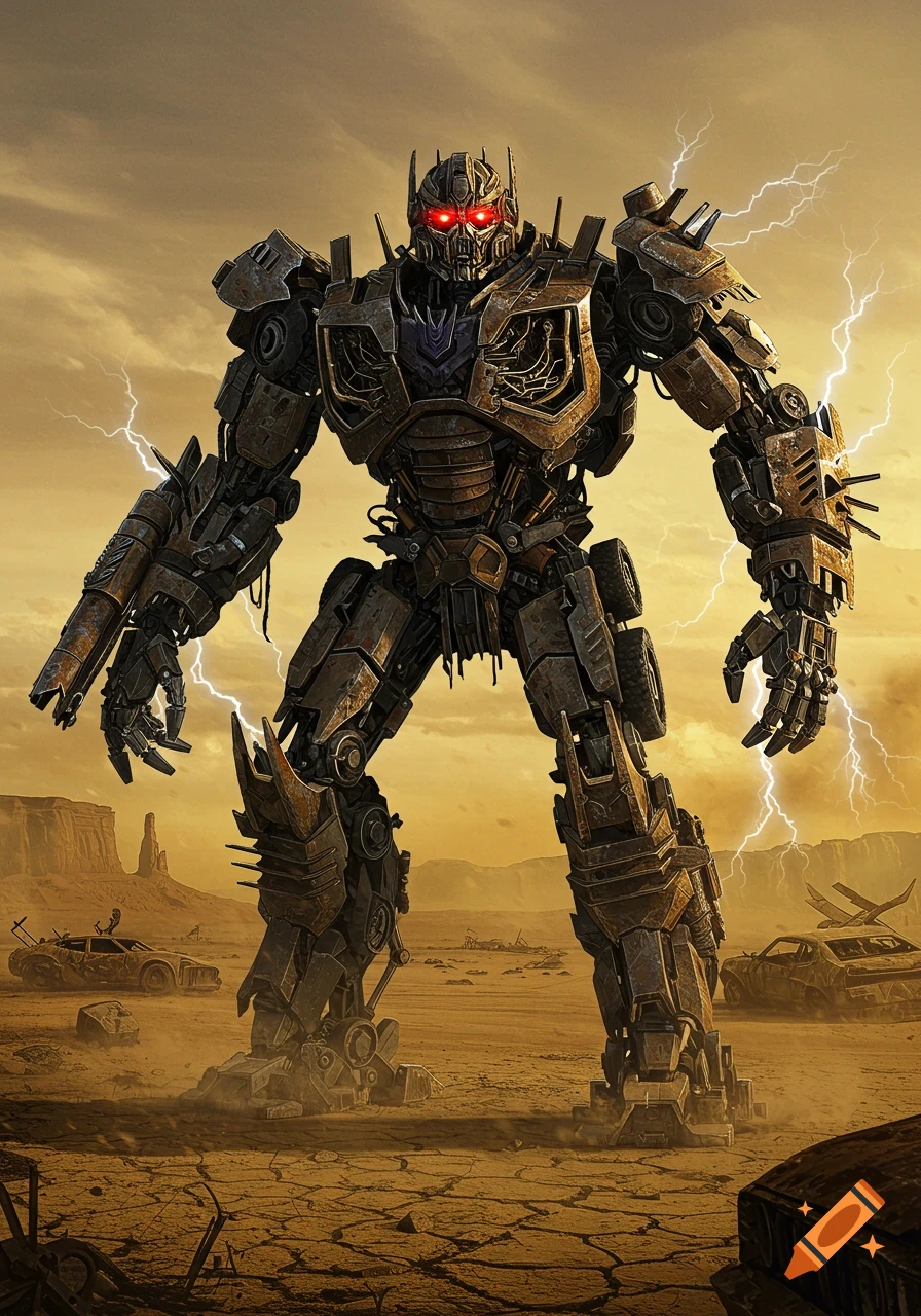A large, rusty Decepticon-like robot with glowing red eyes stands in a cracked desert under a lightning storm, with ruined vehicles nearby.